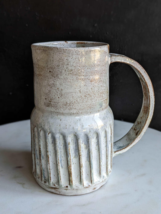 Carved Rustic White Stoneware Pitcher 5.5"