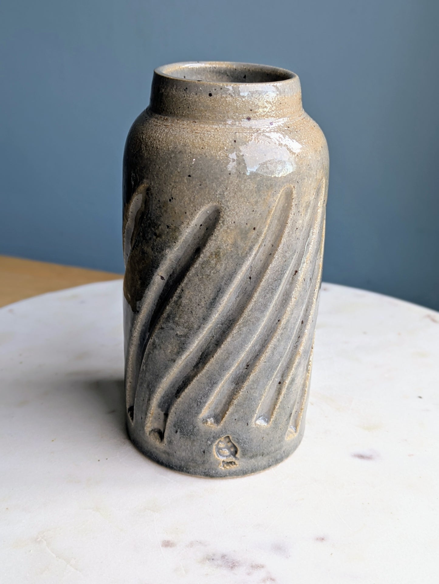 Blue/Grey Carved Vase 6"