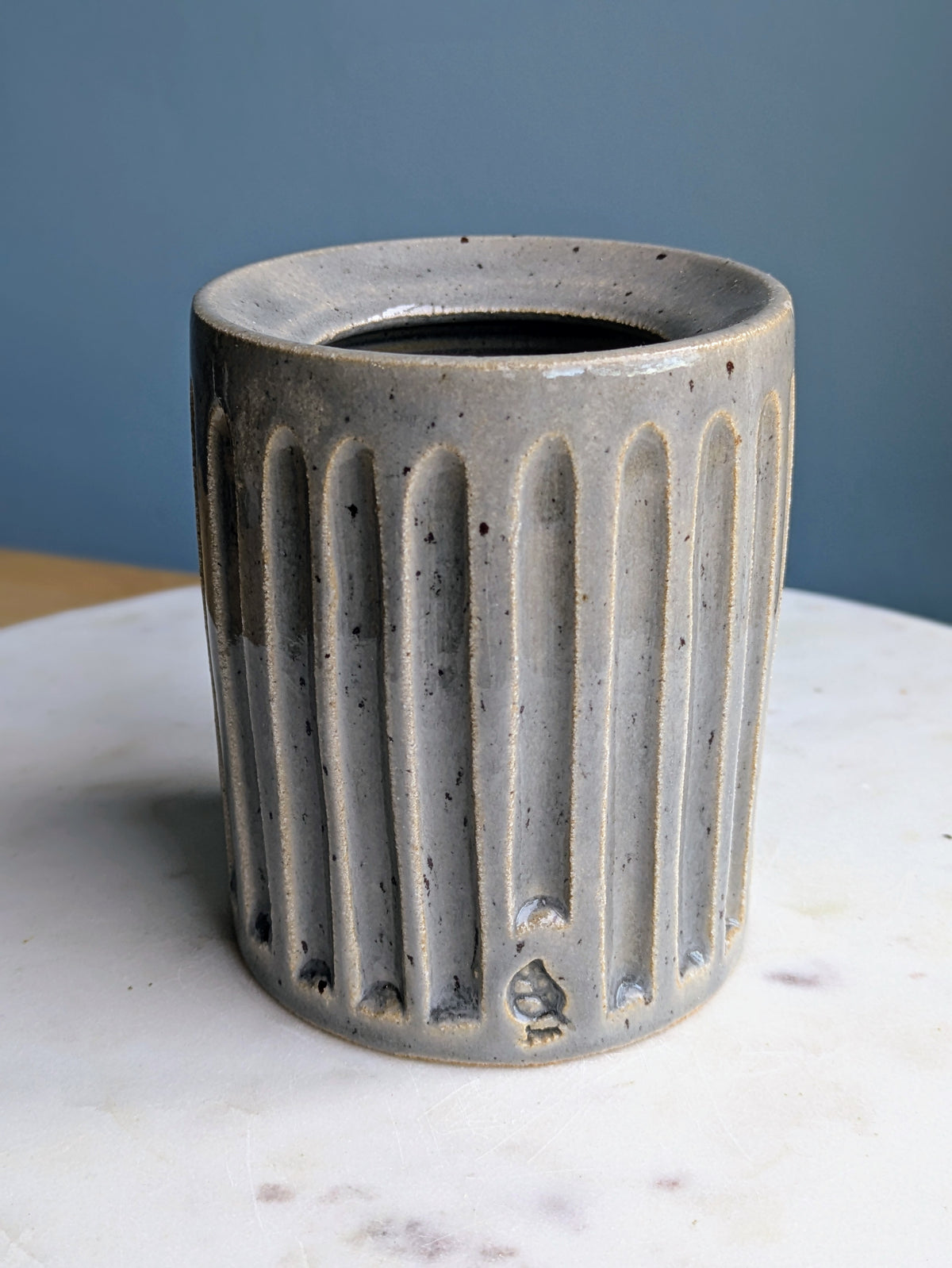 Blue/Grey Speckle Cylinder Carved Vase 4"