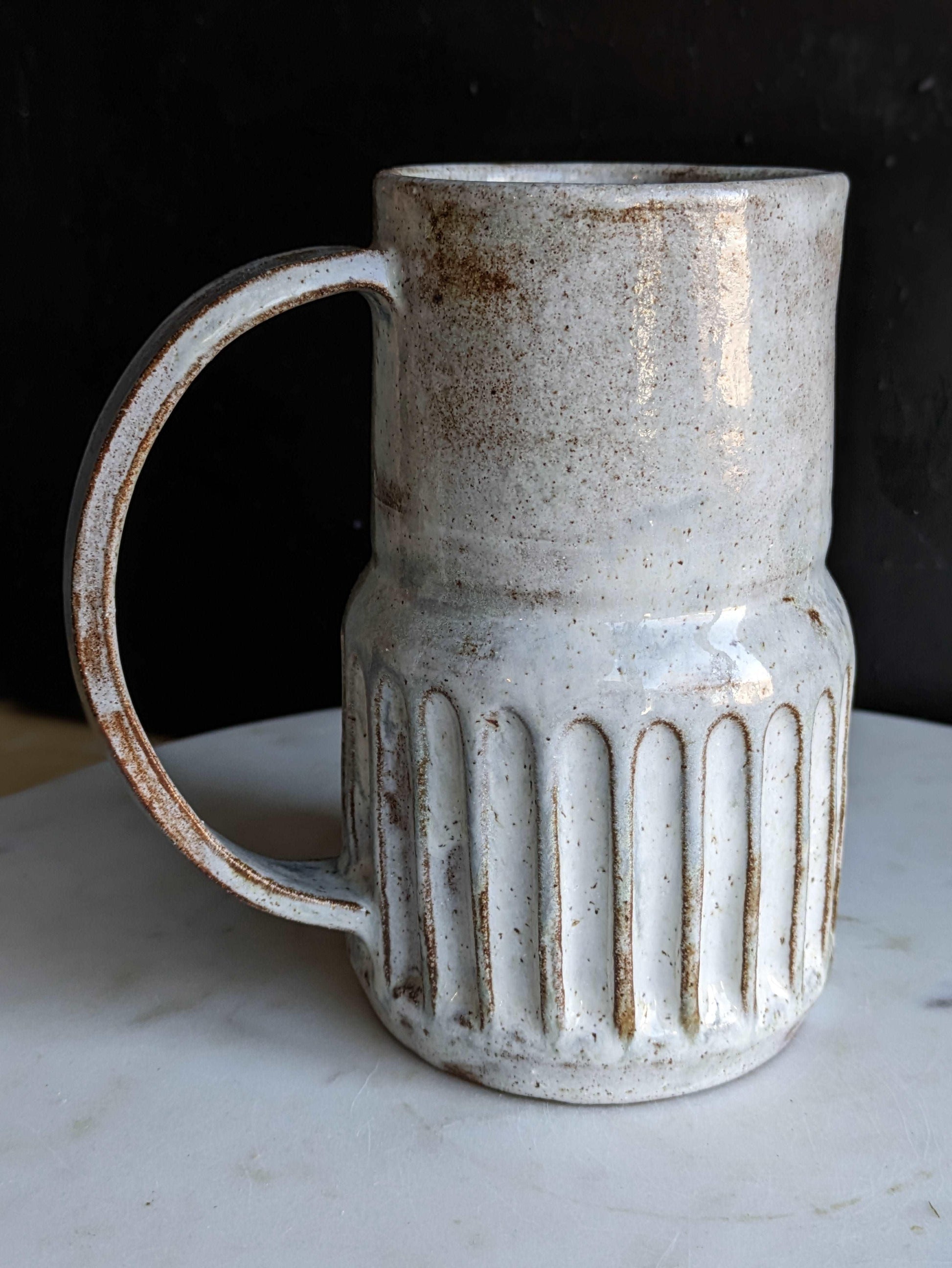 Carved Rustic White Stoneware Pitcher 5.5"