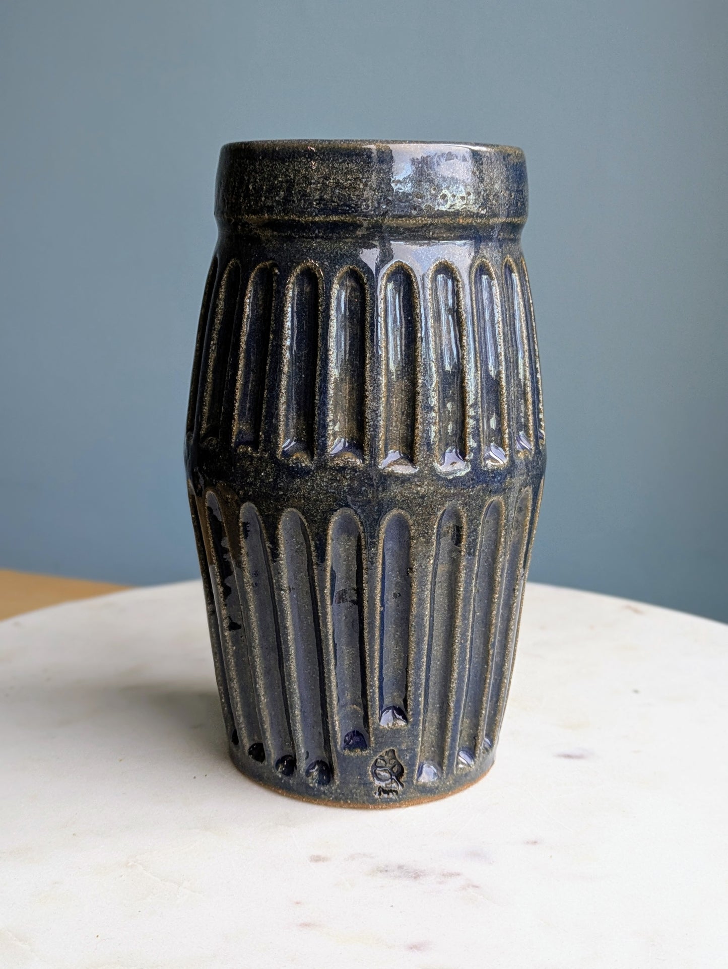 Dark Blue Carved Vase 7"