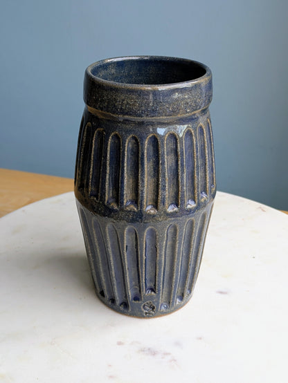 Dark Blue Carved Vase 7"