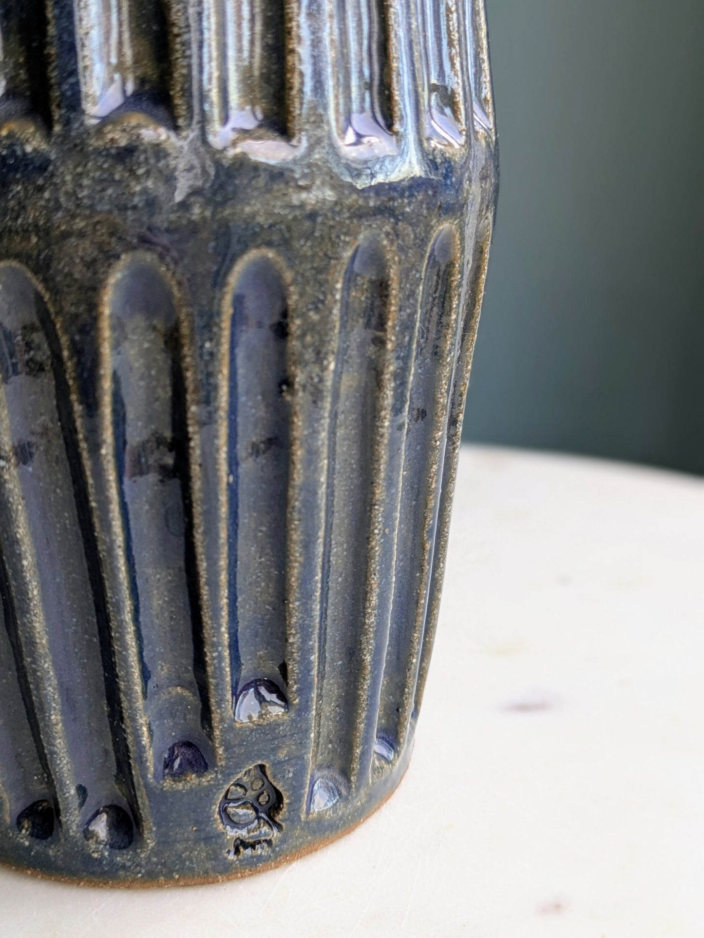 Dark Blue Carved Vase 7"