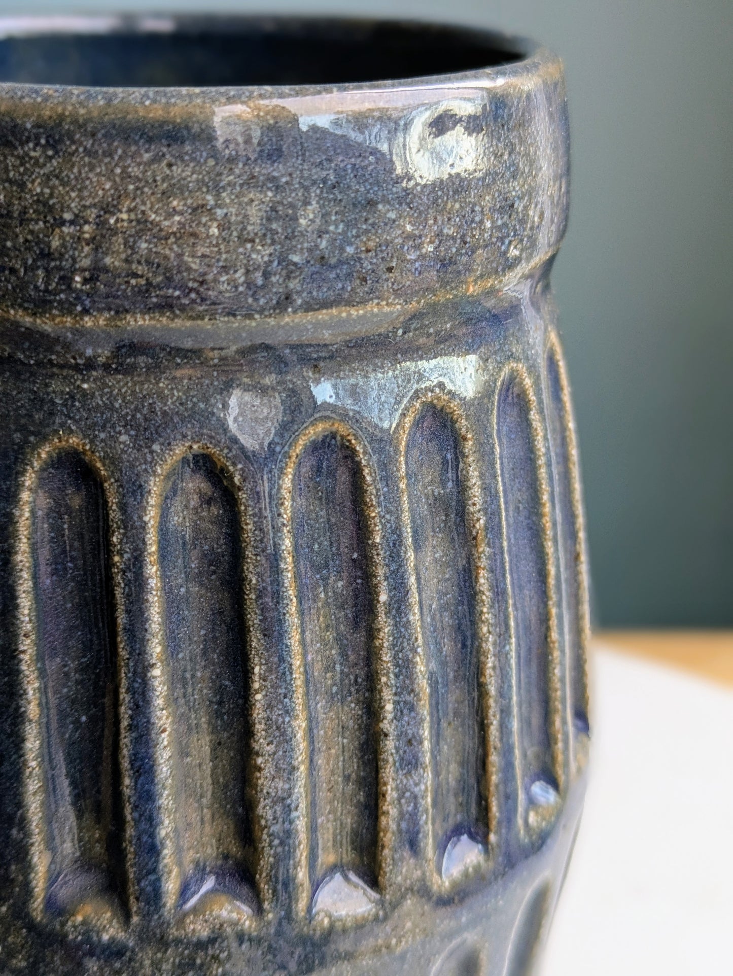 Dark Blue Carved Vase 7"