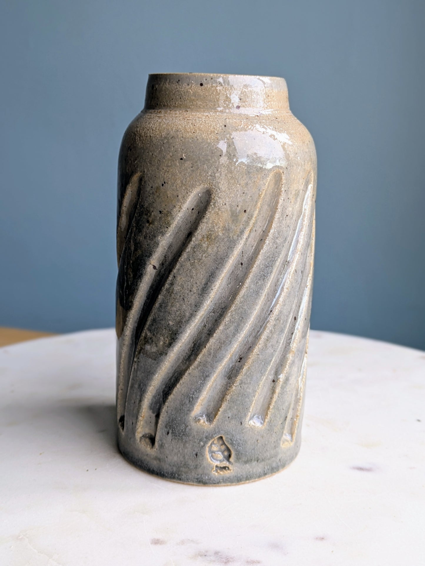 Blue/Grey Carved Vase 6"