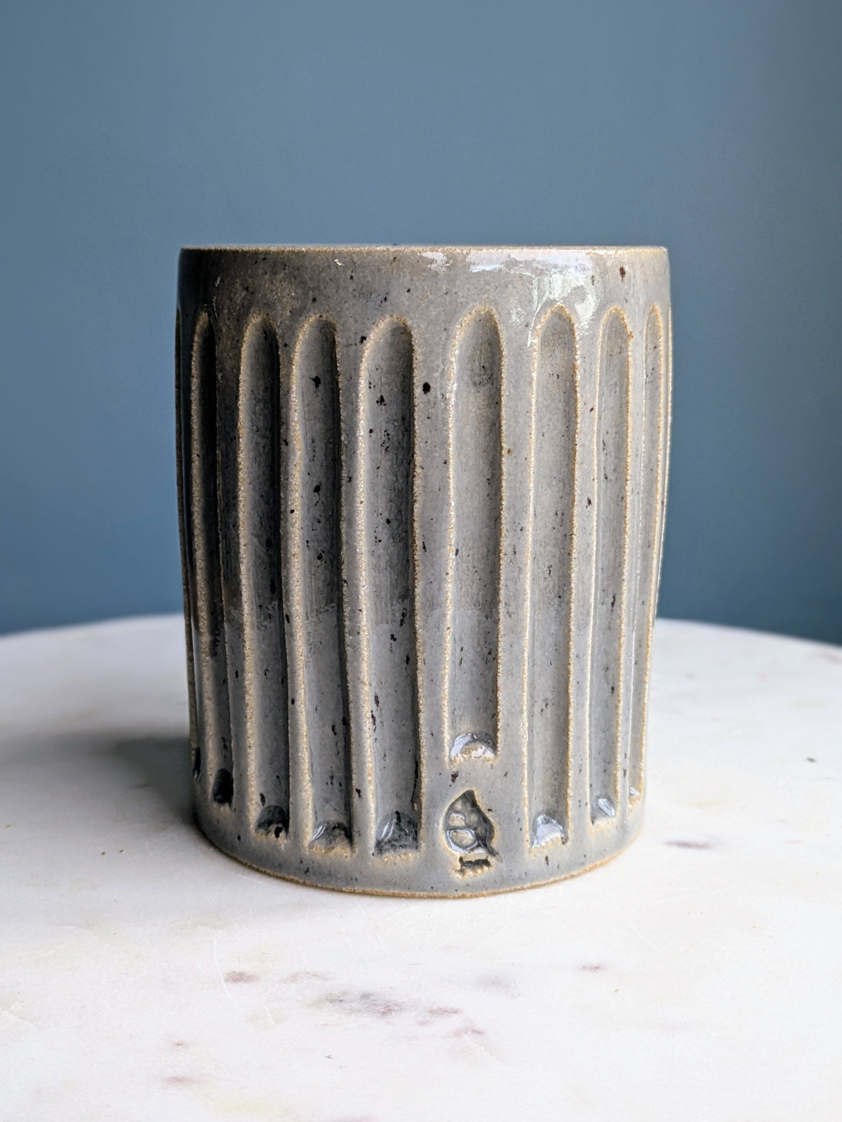 Blue/Grey Speckle Cylinder Carved Vase 4"