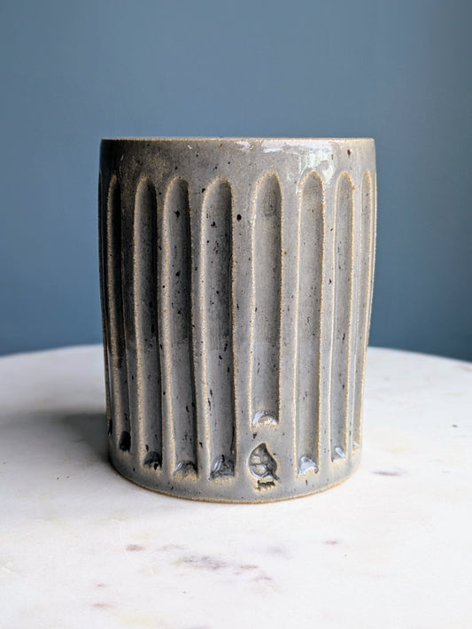 Blue/Grey Speckle Cylinder Carved Vase 4"